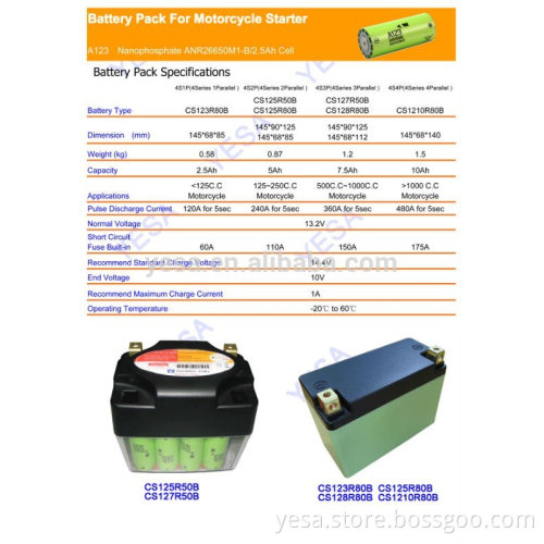 12V 4.6AH Motorcycle LiFePo4 Battery Pack A123 Cells 4S2P 26650 14.6v 13.2v 12v Motorcycle battery
